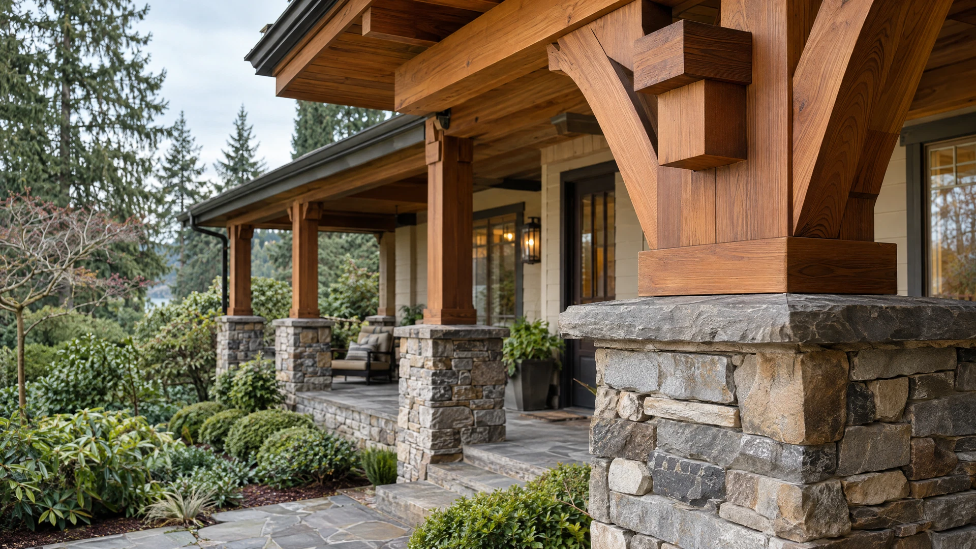 About High Definition Home Inspections Cedar beams and stone porch details showing Pacific Northwest craftsmanship