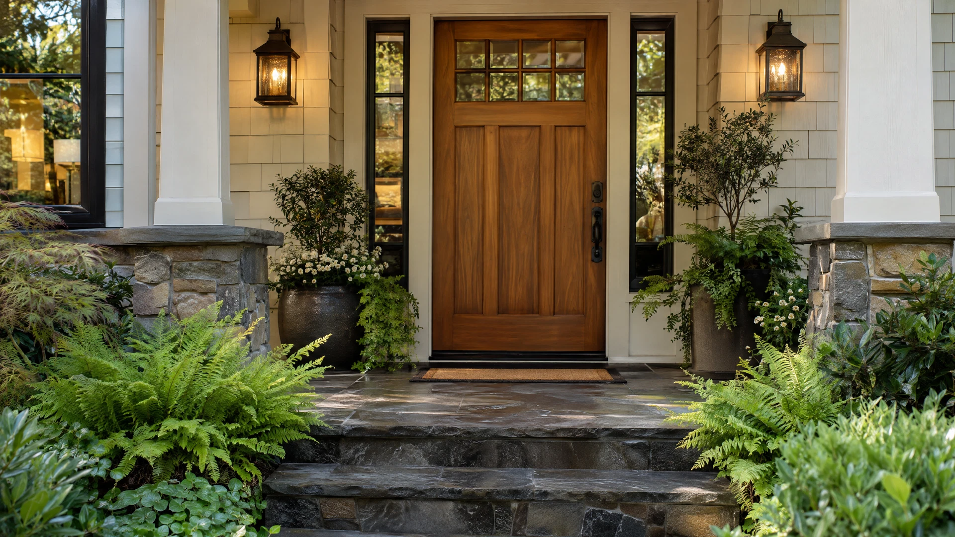 Contact High Definition Home Inspections Welcoming cedar front door and landscaped entry at a Washington home