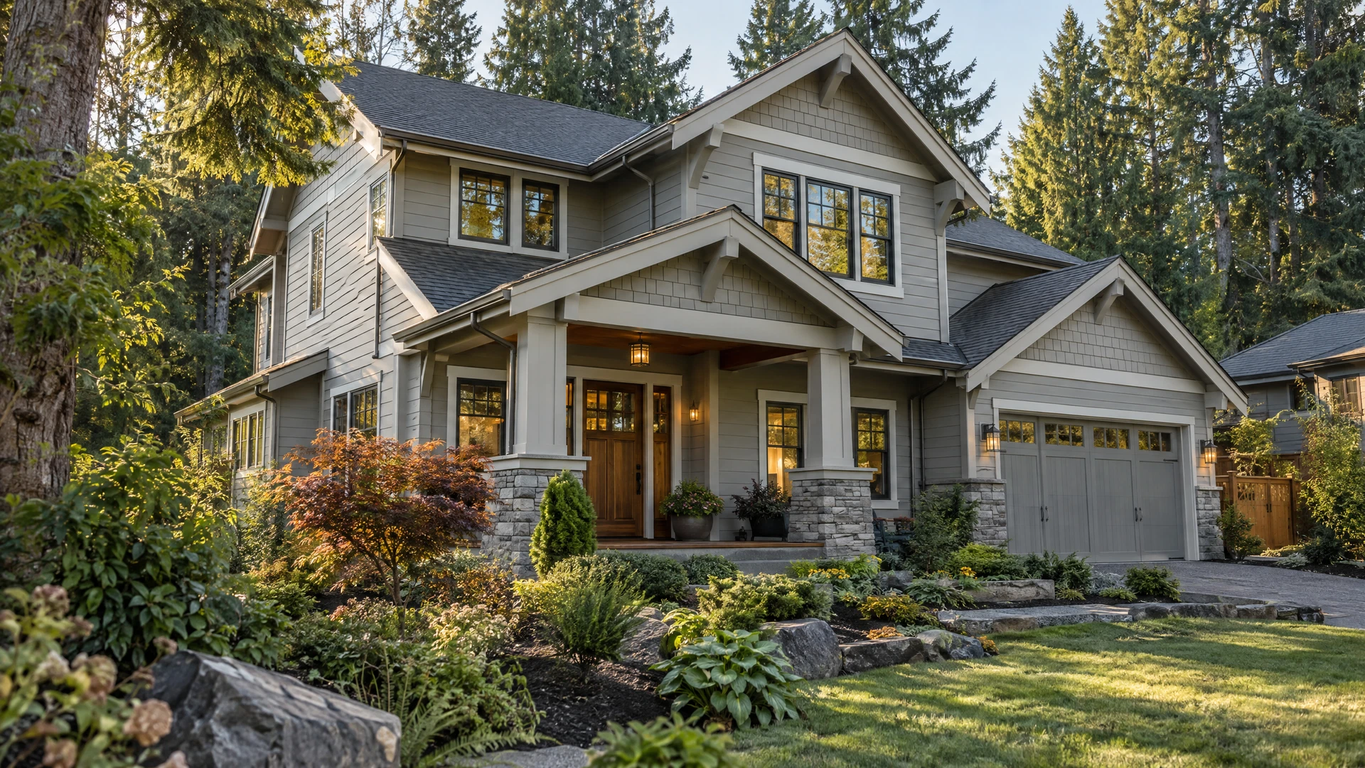 Buyer Home Inspections Gray craftsman home and landscaped garden for a pre-purchase inspection
