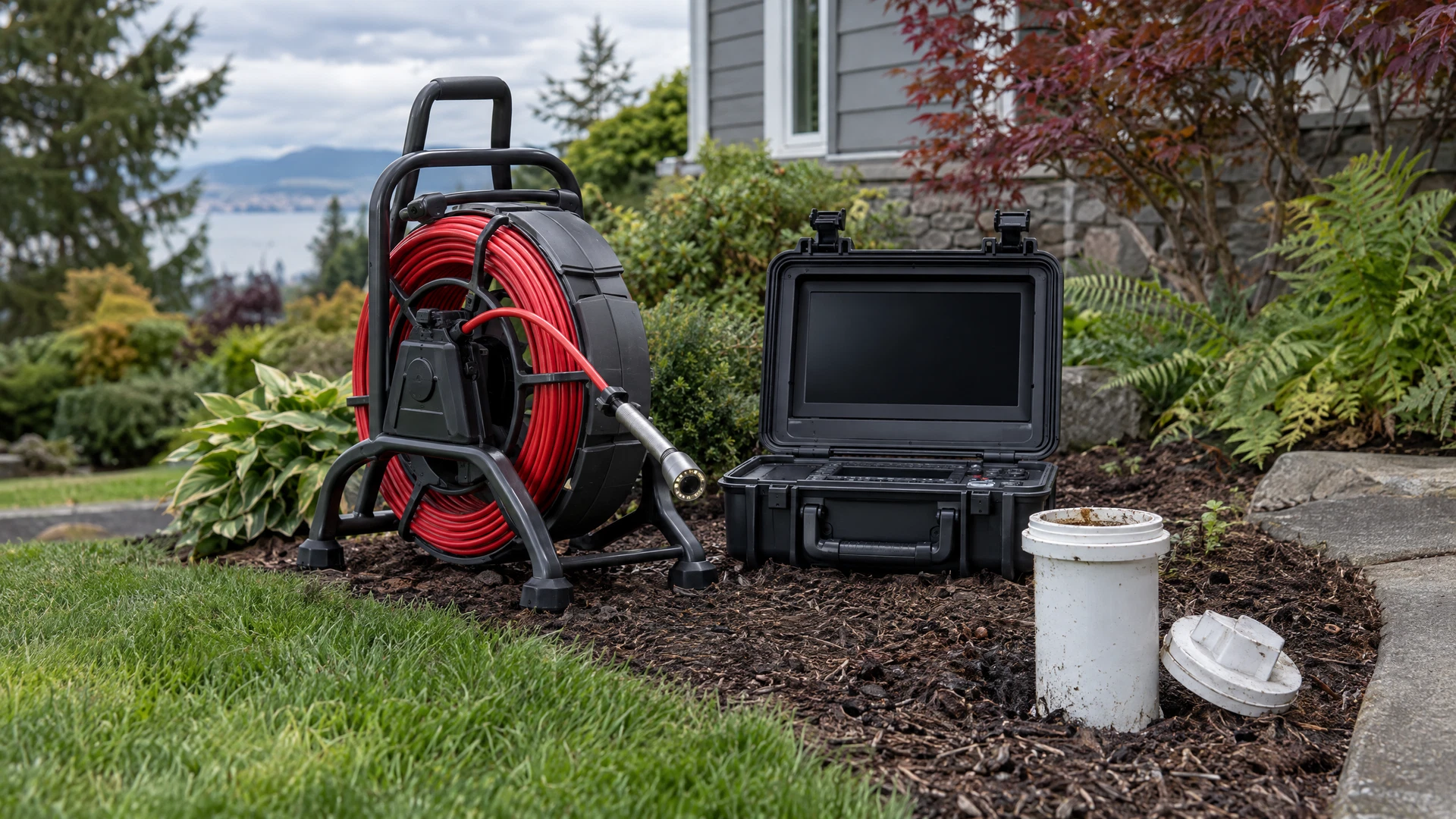 Sewer inspection camera reel and dark monitor beside a residential cleanout