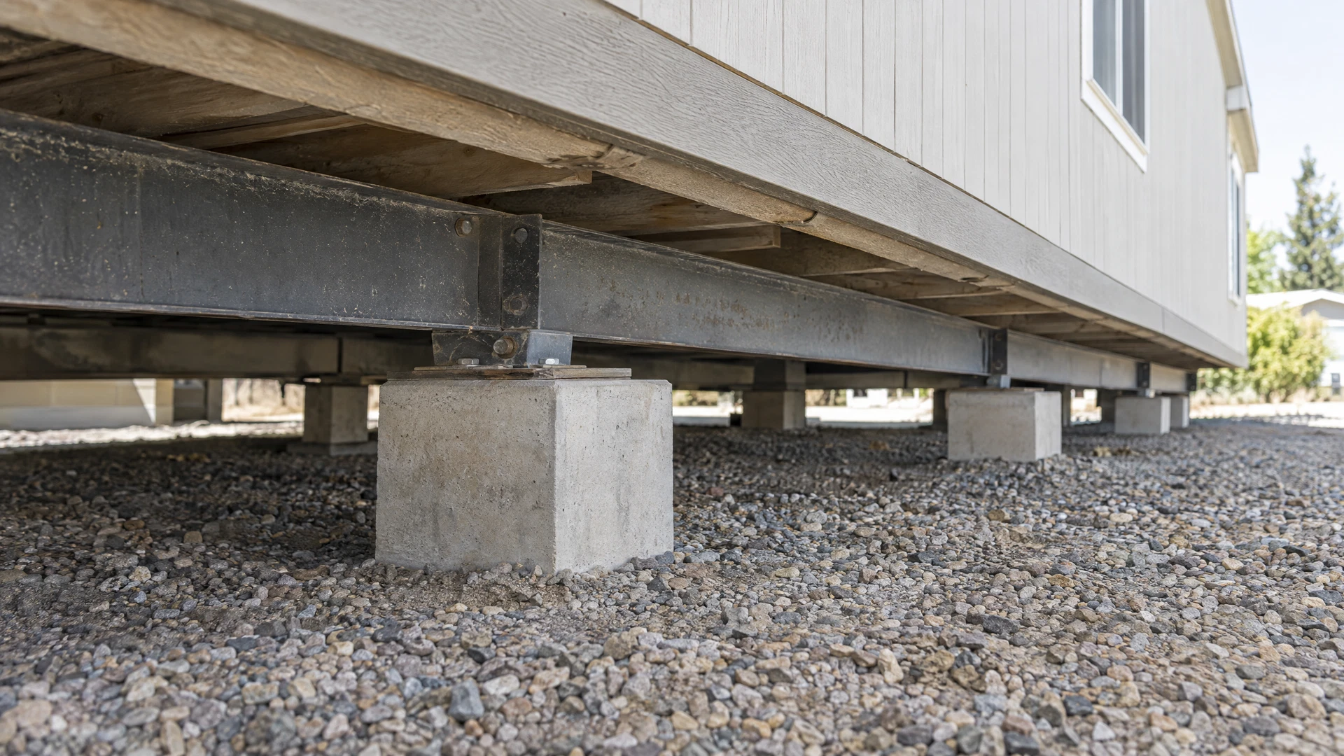Manufactured Home Foundation Certifications Steel chassis beam and concrete support beneath a manufactured home