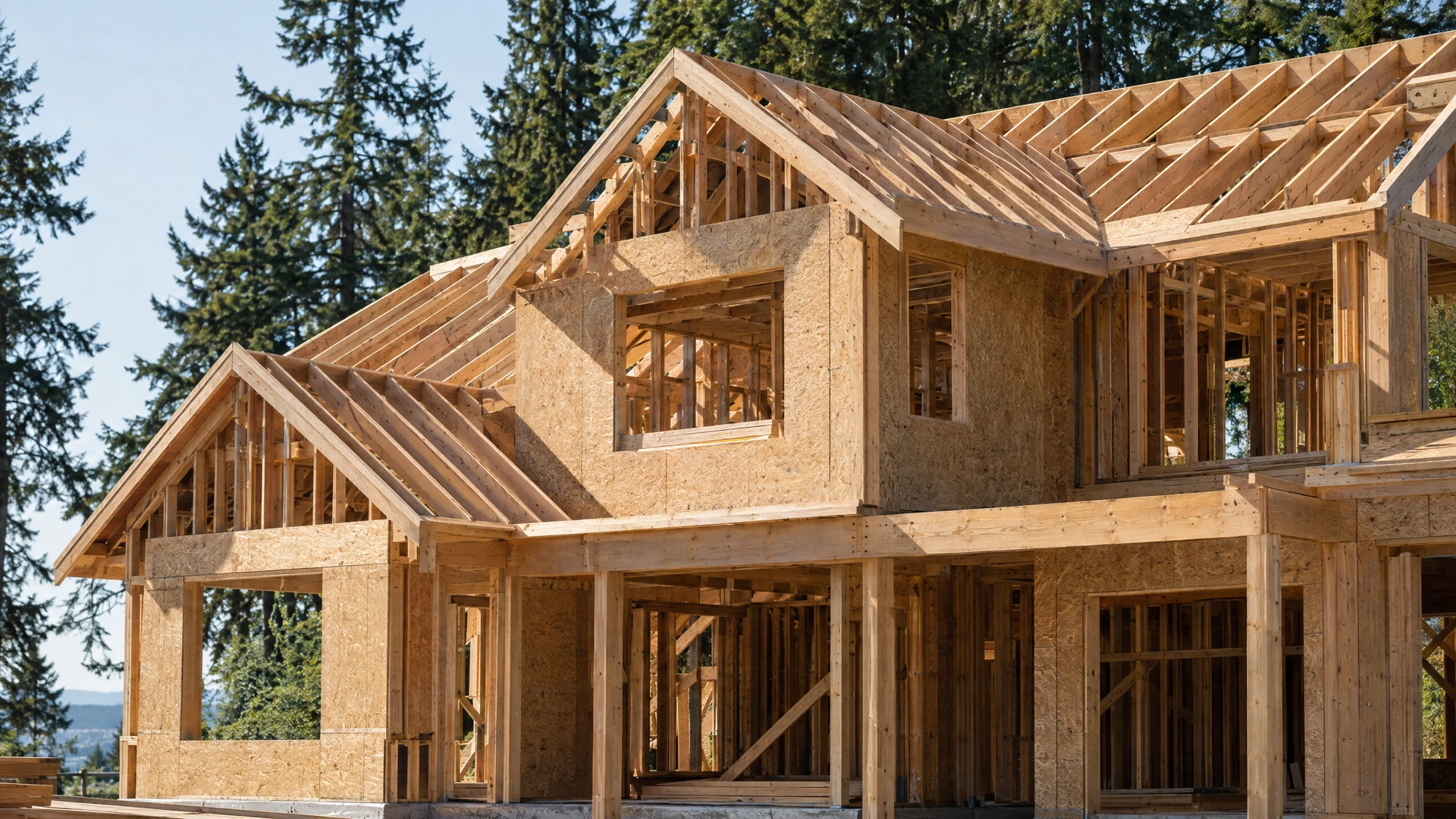 New Construction Inspections Timber framing and sheathing at a new residential construction site