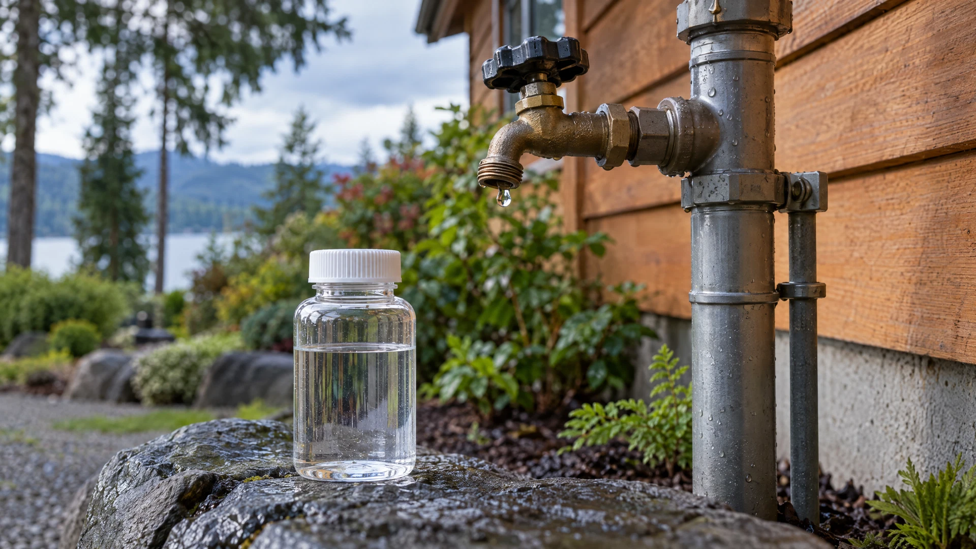 Capped water sample bottle beside an outdoor private-well sampling tap