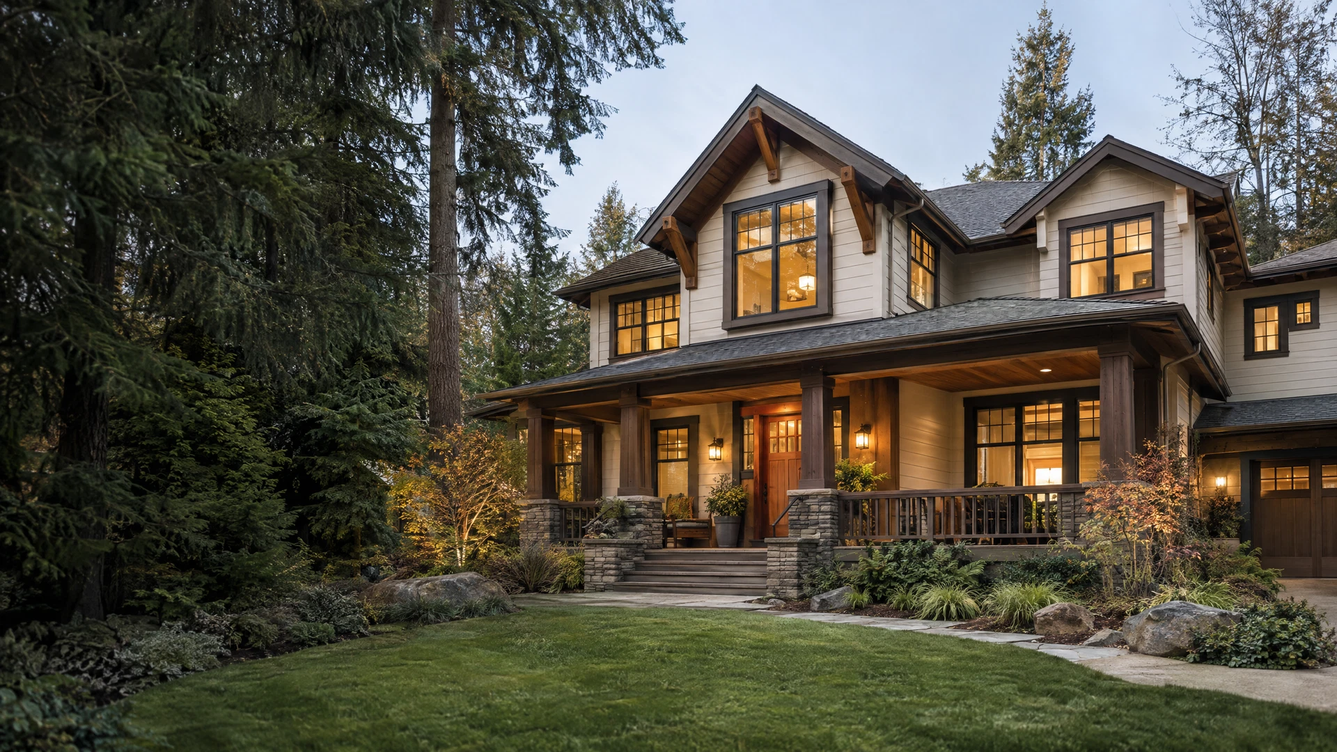 Pacific Northwest craftsman home surrounded by evergreens