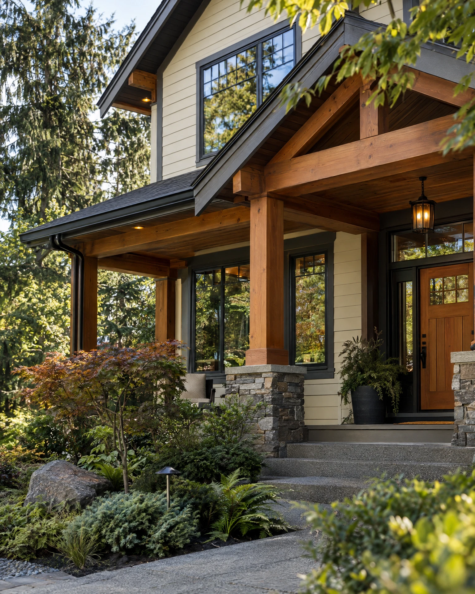 Detailed cedar porch, roof eaves and siding on a craftsman home